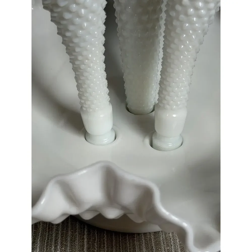 Vtg Fenton Milk Glass Hobnail 3 Horn Epergne Centerpiece Ruffled Trumpet Vase